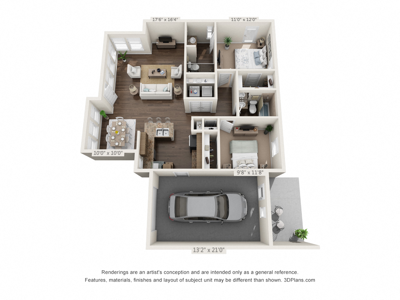 Floor plan for 2 beds, 2 baths, 1225 sqft